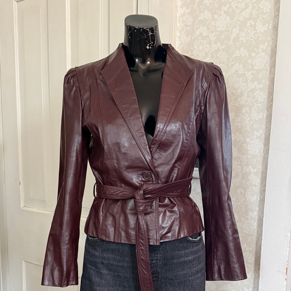 Vintage Genuine Leather Deep Burgundy 2 Button Lined Belted Blazer Jacket
